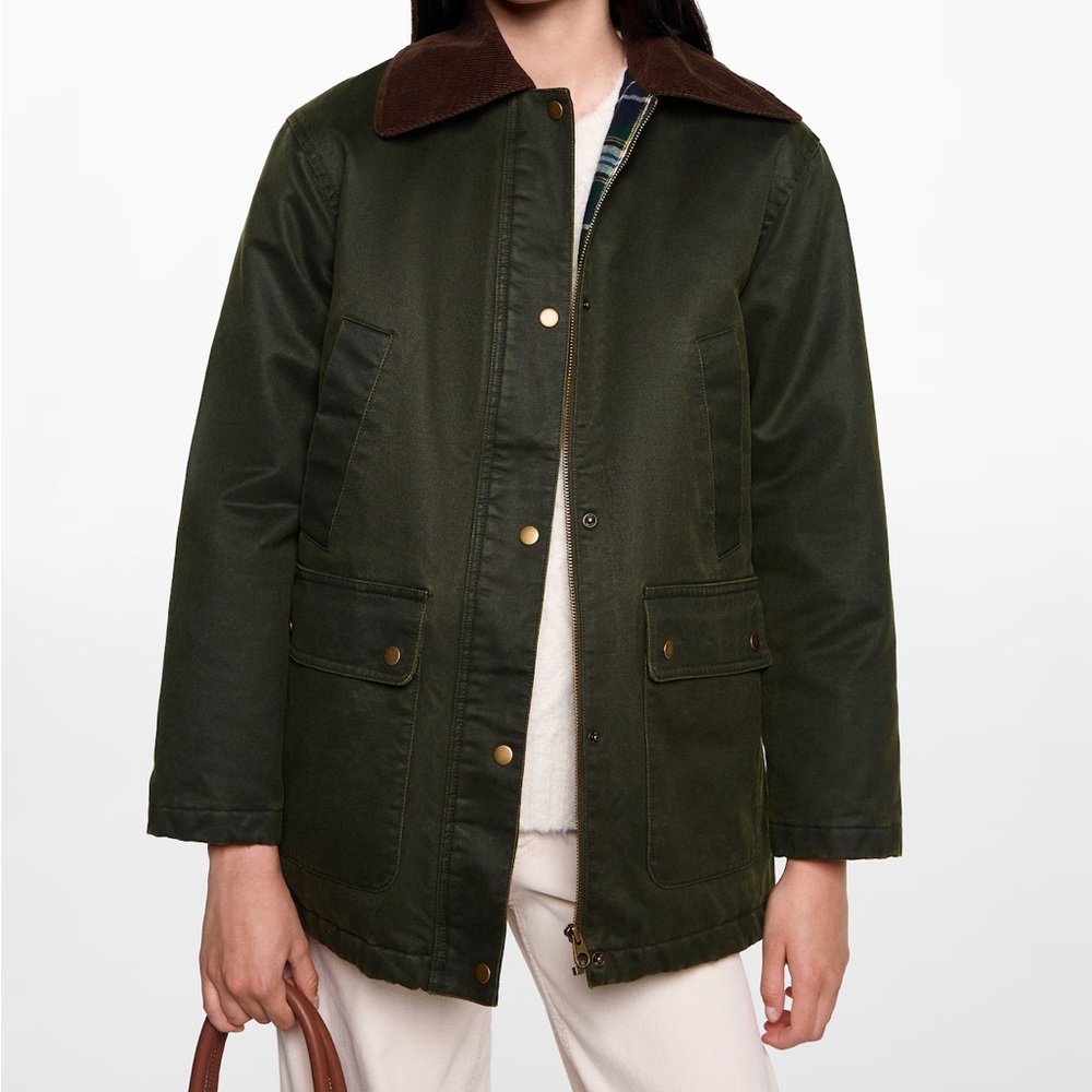 Mango - Long Wax-Effect Jacket with Plaid Lining